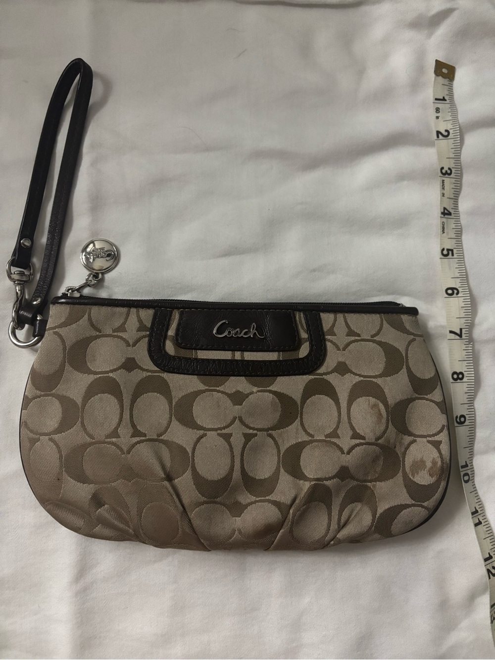 Coach Signature Logo Wristlet in Beige and Dark Brown